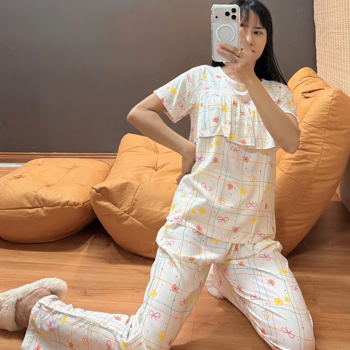 Bộ tole lanh quần dài bèo V1, form tôn dáng, hàng thiết kế may kỹ 40-75kg - Nocnhasleepwear