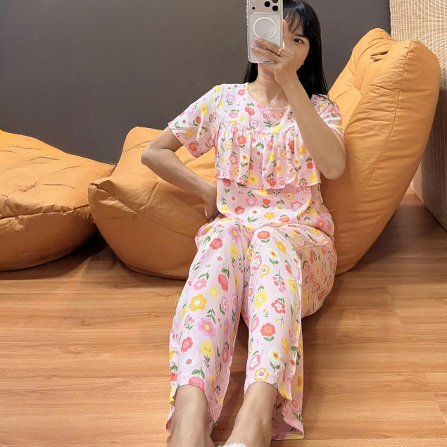 Bộ tole lanh quần dài bèo V1, form tôn dáng, hàng thiết kế may kỹ 40-75kg - Nocnhasleepwear