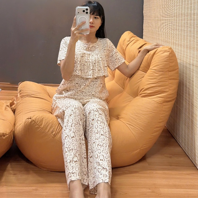 Bộ tole lanh quần dài bèo V1, form tôn dáng, hàng thiết kế may kỹ 40-75kg - Nocnhasleepwear