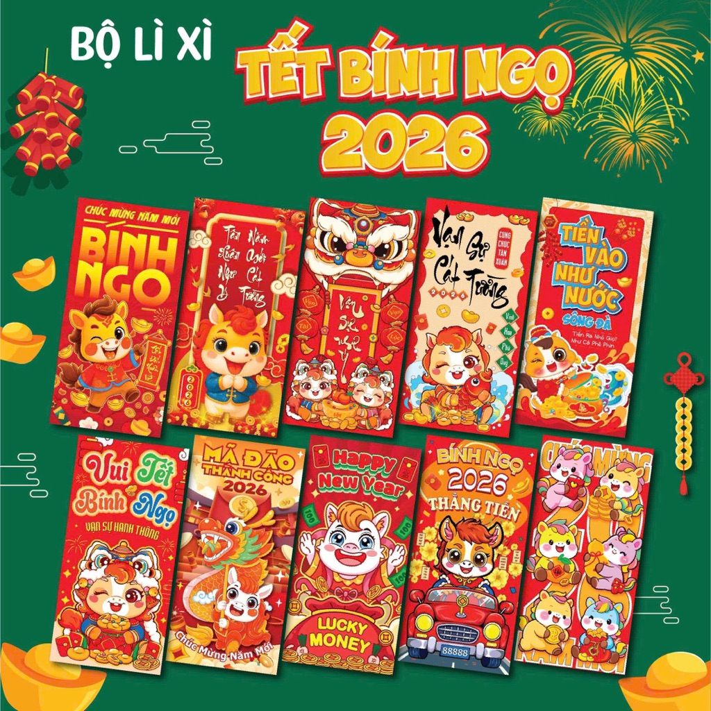 Bao Lì Xì Tết 2026 Bính Ngọ Hình Con Ngựa Dễ Thương - Set 30/50/100 Cái - Giấy Dày Đẹp Luka Food