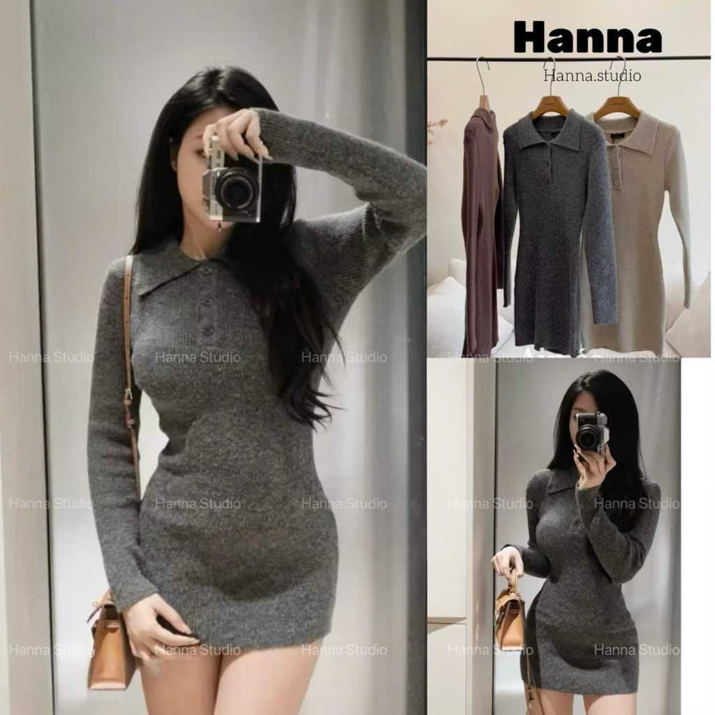 (Deal Mẫu Mới) Váy len tăm dài tay cổ đức cúc cài form ôm body tôn dáng thời trang Hàn Quốc