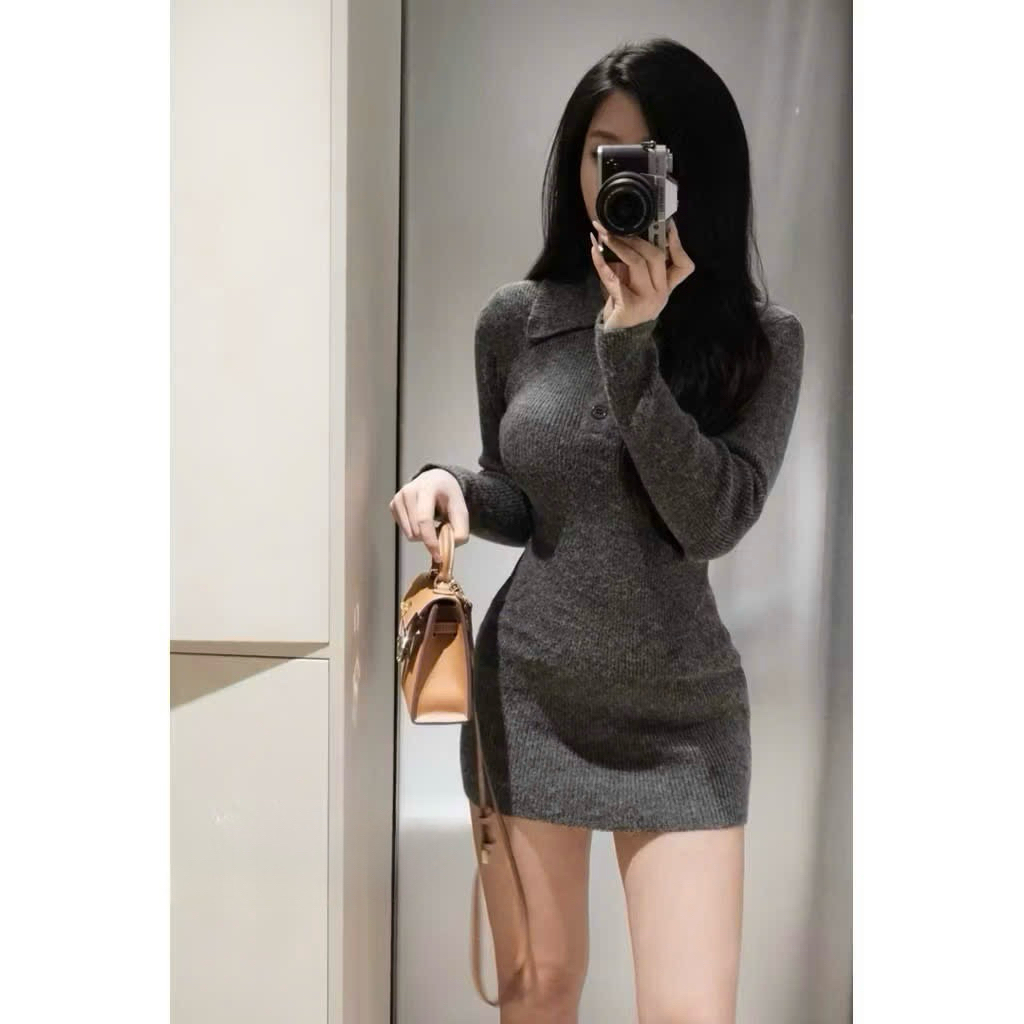 (Deal Mẫu Mới) Váy len tăm dài tay cổ đức cúc cài form ôm body tôn dáng thời trang Hàn Quốc | BigBuy360 - bigbuy360.vn