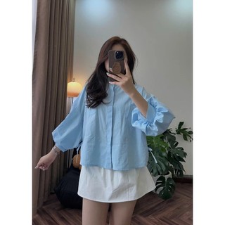 Áo Sơ Mi Tay Phồng Nữ Form Rộng Dáng Ngắn CakeCat Chất Cotton Mềm Mịn Phong Cách Hàn Quốc