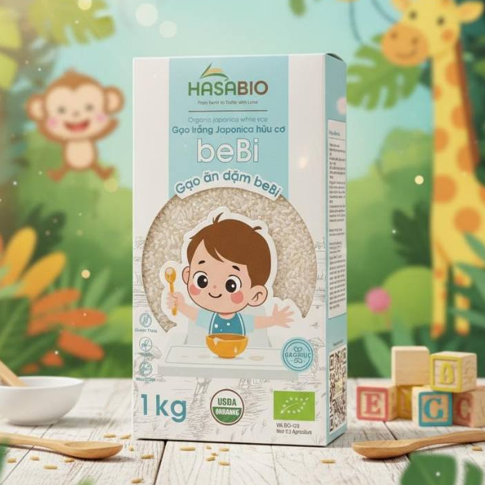 Gạo trắng ăn dặm Japonica hữu cơ beBi Hasa Bio hộp 1kg