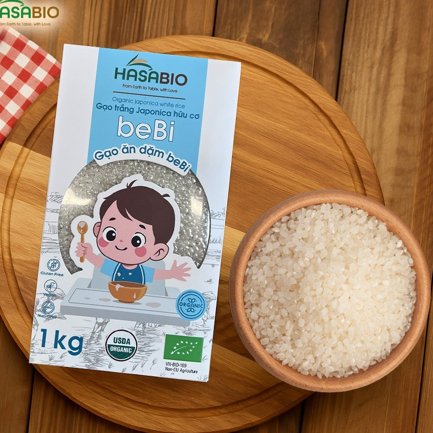 Gạo trắng ăn dặm Japonica hữu cơ beBi Hasa Bio hộp 1kg