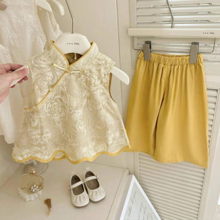 Set bộ quần áo ba lỗ phong cách trung hoa cho bé gái