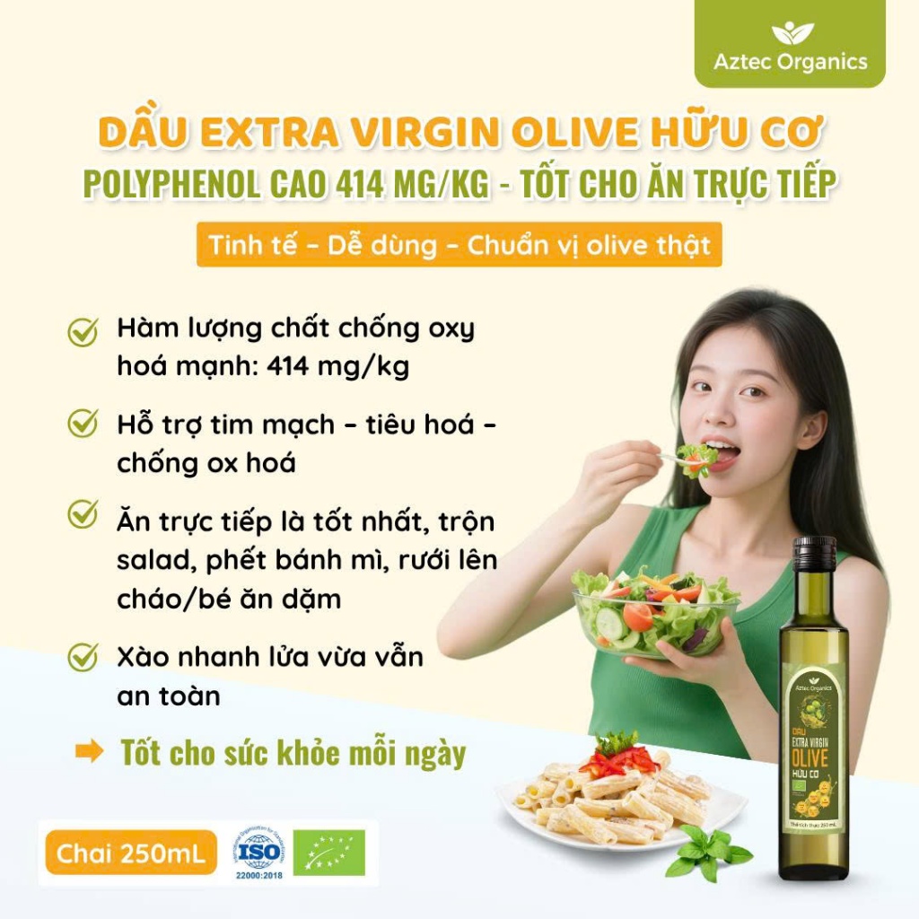 Dầu Olive Ép Lạnh Hữu Cơ Extra Virgin  AZTEC ORGANICS Dầu Oliu 250ml