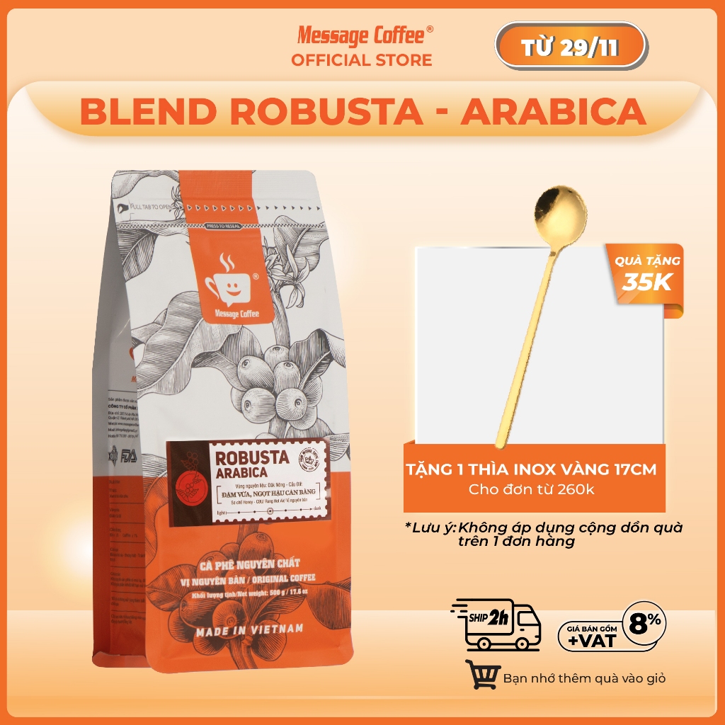 Cà phê nguyên chất Blend Robusta - Arabica rang mộc đậm đà thơm nồng dùng pha phin hoặc pha máy ngon từ Message Coffee