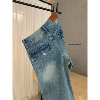 𝐏𝐡𝐢𝐞𝐧 | W8226 (Sẵn) Quần Jean Xanh Mài Trắng Túi Nắp Form Rộng