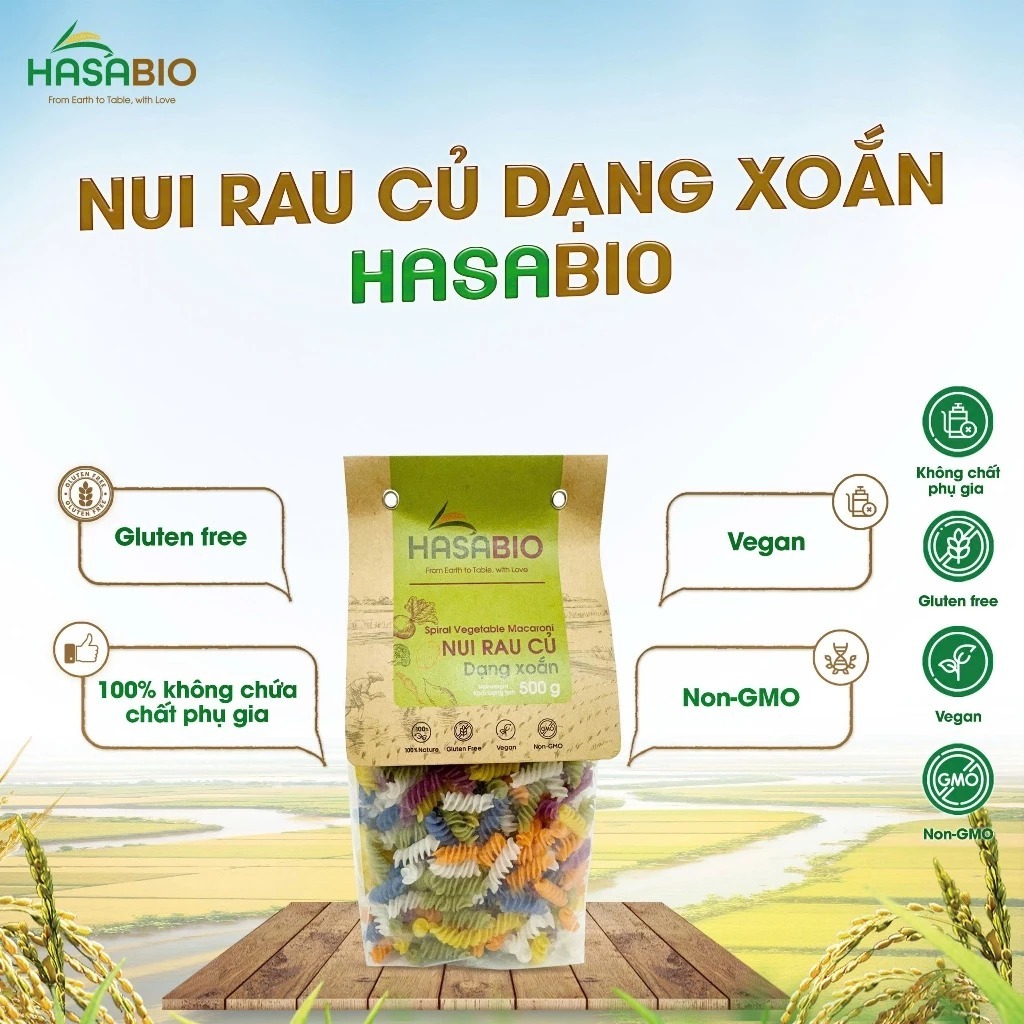Nui rau củ HaSaBio Macaroni/ Fusilli 500g Nui chữ C, Nui xoắn