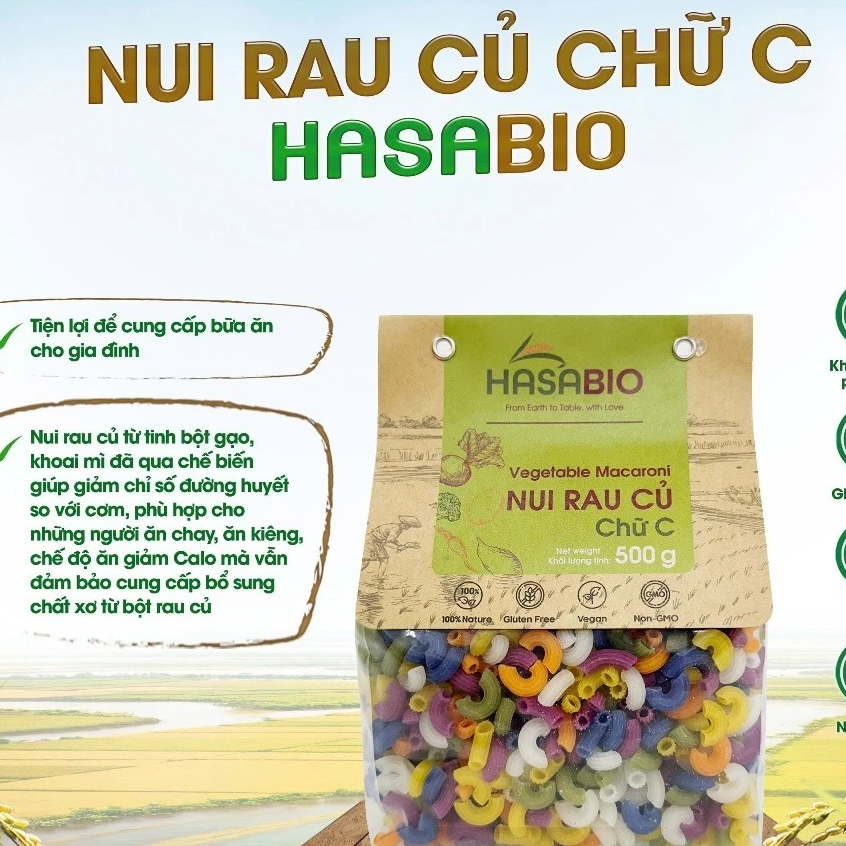 Nui rau củ HaSaBio Macaroni/ Fusilli 500g Nui chữ C, Nui xoắn