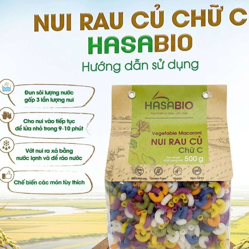 Nui rau củ HaSaBio Macaroni/ Fusilli 500g Nui chữ C, Nui xoắn