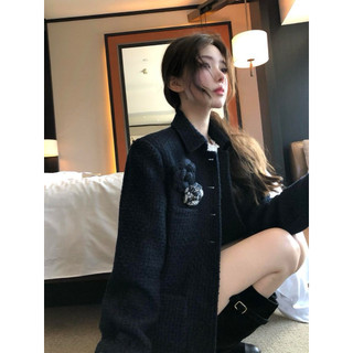 Áo khoác dạ tweed cổ bẻ form lửng tông xanh navy phong cách tiểu thư