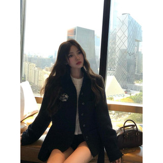 Áo khoác dạ tweed cổ bẻ form lửng tông xanh navy phong cách tiểu thư
