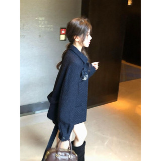 Áo khoác dạ tweed cổ bẻ form lửng tông xanh navy phong cách tiểu thư