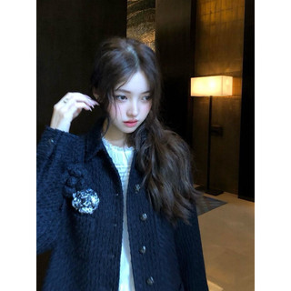 Áo khoác dạ tweed cổ bẻ form lửng tông xanh navy phong cách tiểu thư