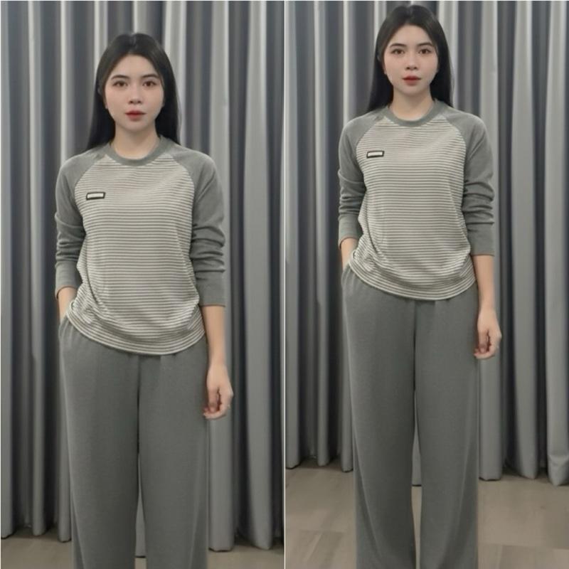 2026. [SÉT TAG BEST] Sét áo nỉ lông kẻ phối tay+ quần suông dài. Đủ size SMLXL 40kg- 70kg
