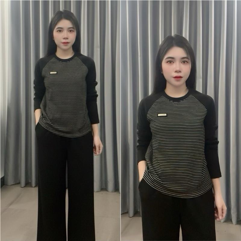 2026. [SÉT TAG BEST] Sét áo nỉ lông kẻ phối tay+ quần suông dài. Đủ size SMLXL 40kg- 70kg