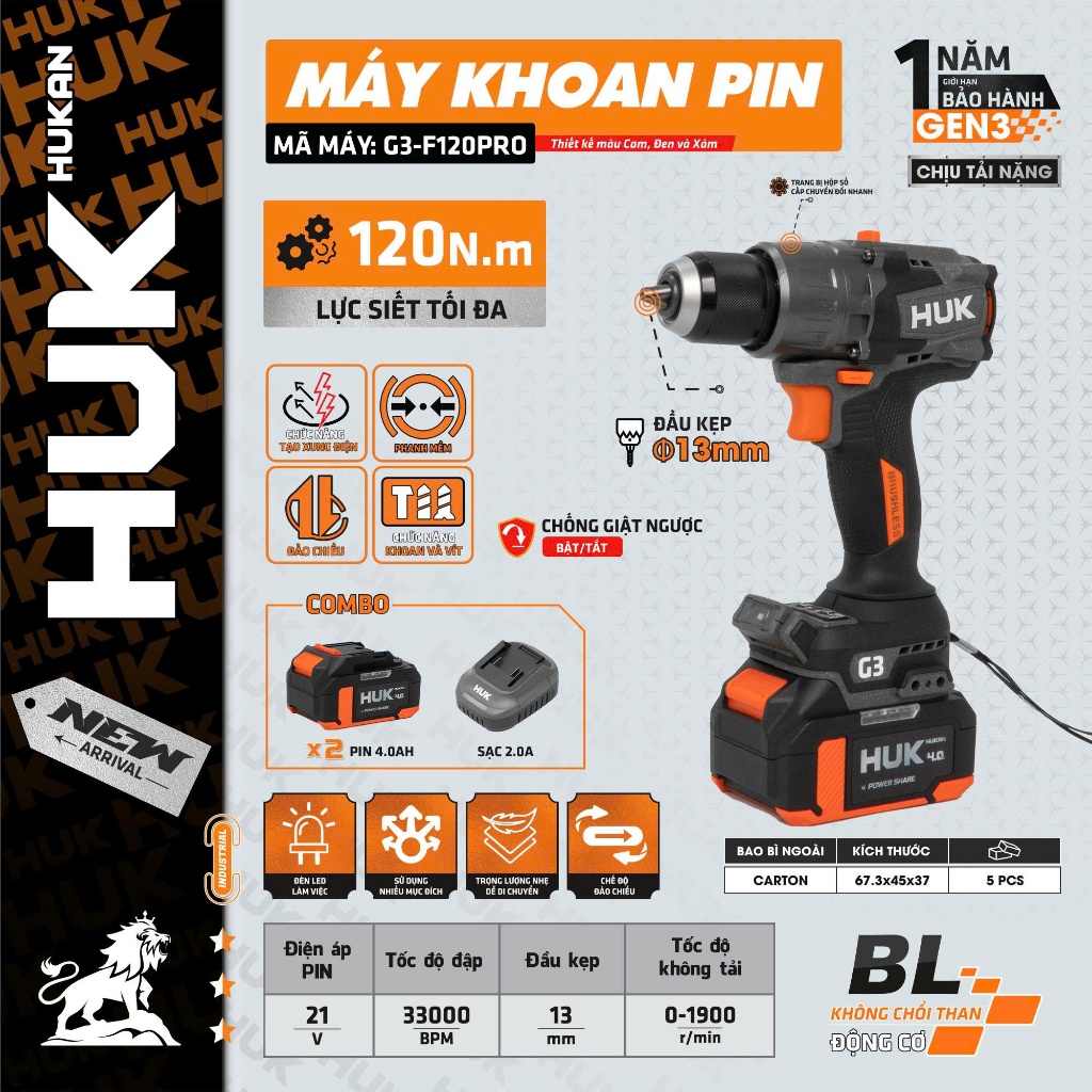 Máy Khoan Pin 13mm GEN3 G3-F120PRO | 21V Lực Siết 120N.m | Động Cơ Không Chổi Than | Anti Kickback | Tạo Xung | 33.000BP