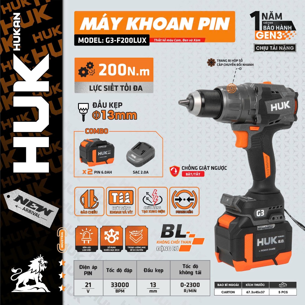 Máy Khoan Pin HUKAN 13MM GEN3 G3-F200LUX | ĐỘNG CƠ KHÔNG CHỔI THAN – 200N.m | ANTI KICKBACK, Chống Giật Ngược