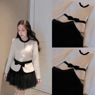 MIMI CLOTHING - Set áo khoác tweed trắng đính ánh kim sang trọng eo thắt nơ phối váy đen xoè