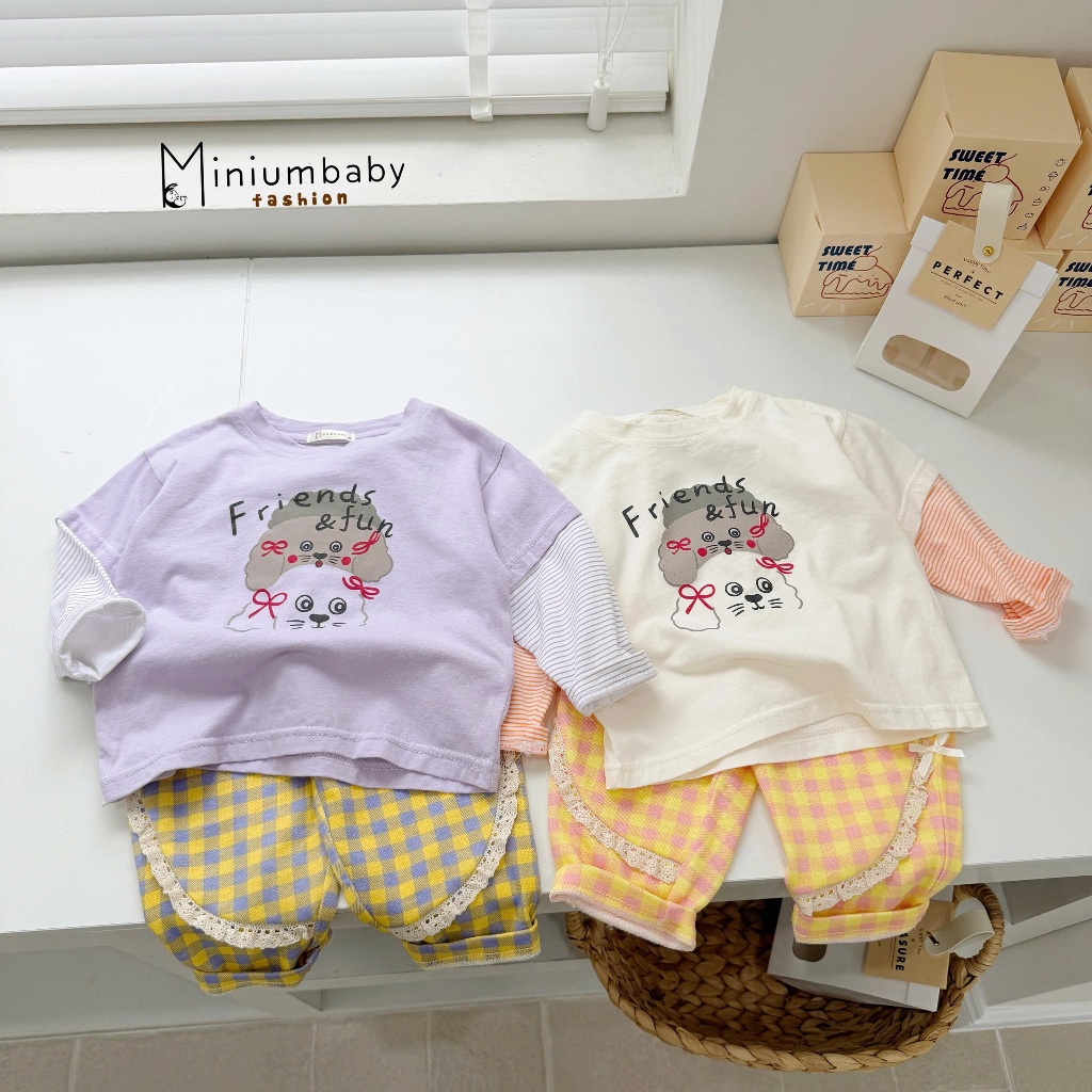 Set bộ dài tay bé gái thu đông Miniumbaby in mặt cún cute tay zaclang, chất cotton mềm mịn SB2514