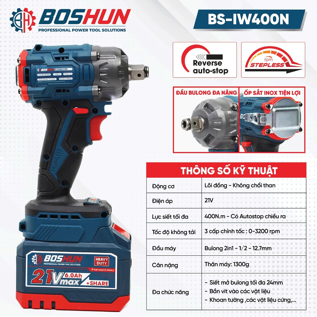 [Chính Hãng -Không Chổi Than] Máy Bắn Bulong Boshun BS-IW400N Siêu Khỏe, Lõi Đồng 100%