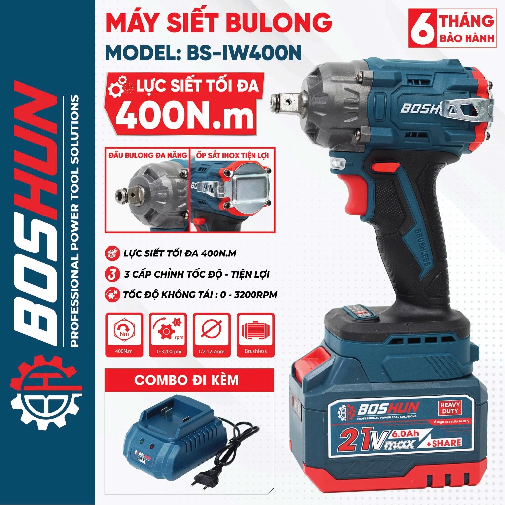[Chính Hãng -Không Chổi Than] Máy Bắn Bulong Boshun BS-IW400N Siêu Khỏe, Lõi Đồng 100%