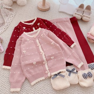 Quần áo trẻ em, Set len nhí bé gái áo khoác đính nơ 2 màu 6-14kg S2097 Tiểu Yến KID