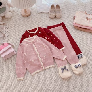 Quần áo trẻ em, Set len nhí bé gái áo khoác đính nơ 2 màu 6-14kg S2097 Tiểu Yến KID