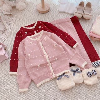Quần áo trẻ em, Set len nhí bé gái áo khoác đính nơ 2 màu 6-14kg S2097 Tiểu Yến KID