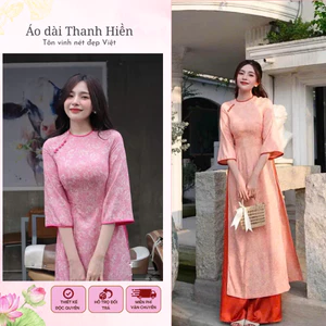 Áo dài cách tân cổ tròn đính cúc cách điệu họa tiết gấm hoa, áo dài truyền thống ngày lễ tết Áo dài Thanh Hiền ( AK18)