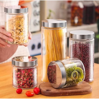 Hũ thuỷ tinh trơn/Lọ thuỷ tinh nắp inox có 4 size đựng thực phẩm, gia vị an toàn tránh ẩm mốc