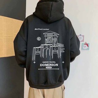 (40-68KG) Áo Hoodie Nỉ bông Thu Đông TRƠN Phối Nón To In Chữ  DOMINION màu Xám/Đen K