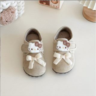 Sz 18-30 Giày Da Lộn Nâu Mèo Hello Kitty Lót Lông Quai Dán Cho Bé Gái K177