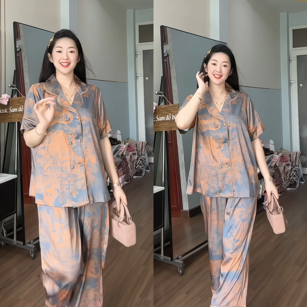 45-65kg Bộ ngủ set pijama TAY NGẮN form VEST RỘNG DÀI Sang phom QC mềm mịn mát