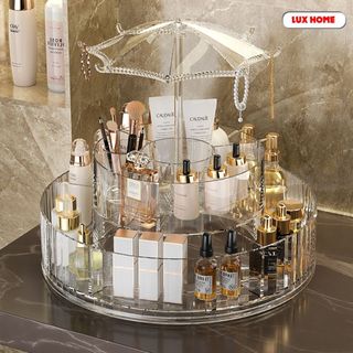 Kệ Đựng Mỹ Phẩm Xoay 360 Độ 2 Tầng Có Mái Che Sang Trọng – Hộp Đựng Đồ Trang Điểm Acrylic Cao Cấp