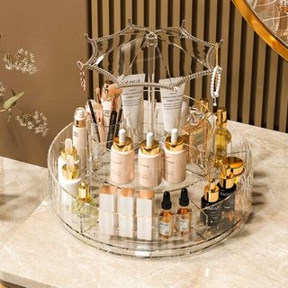 Kệ Đựng Mỹ Phẩm Xoay 360 Độ 2 Tầng Có Mái Che Sang Trọng – Hộp Đựng Đồ Trang Điểm Acrylic Cao Cấp