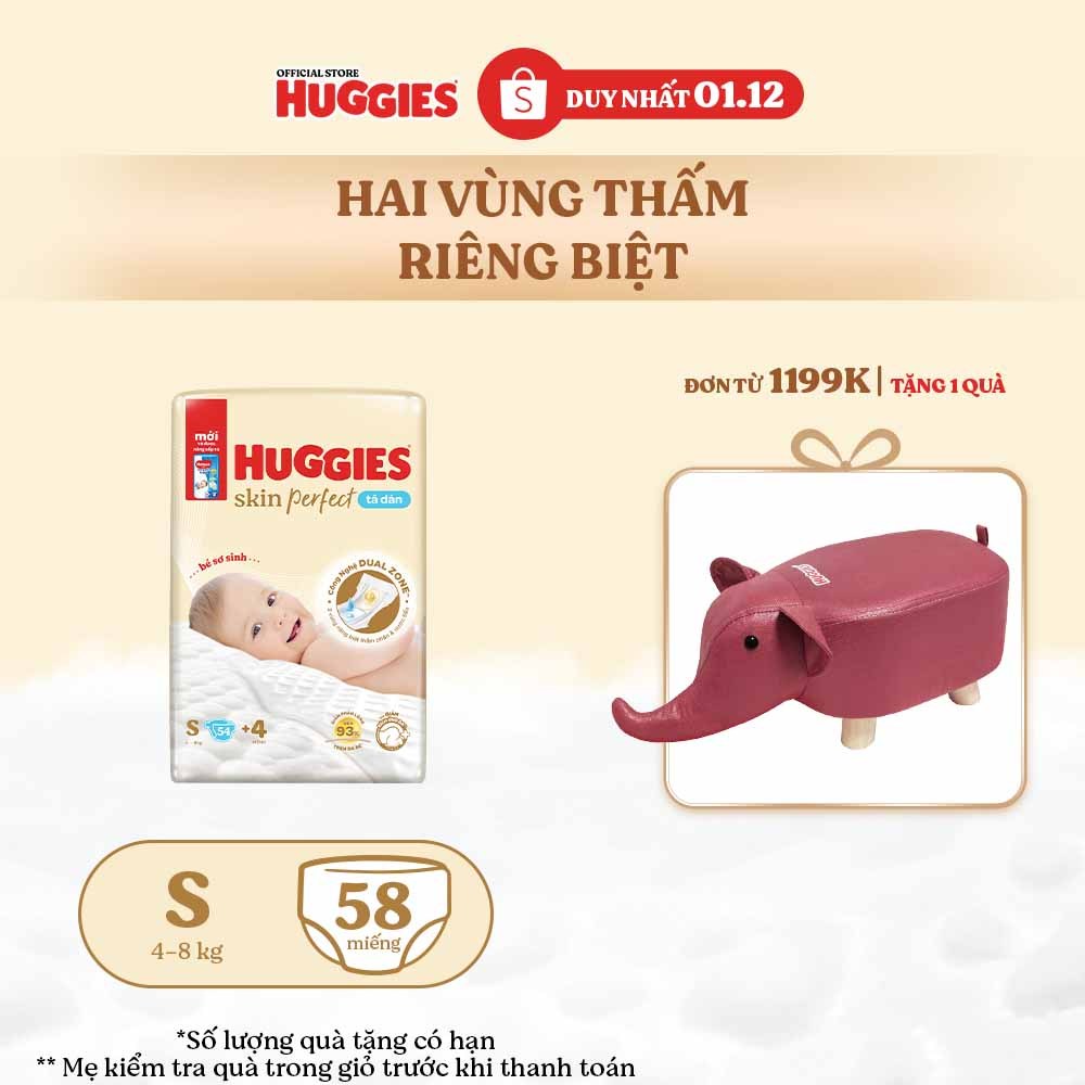 Tã/bỉm dán sơ sinh Huggies Skin Perfect S 54+4 miếng với 2 vùng thấm giảm kích ứng da