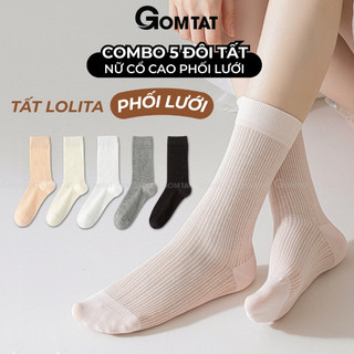 Combo 5 đôi tất nữ cổ cao phối lưới GOMTAT, vớ nữ lolita mùa hè thoáng khí, thấm hút mồ hôi - MIA-24293-CB5