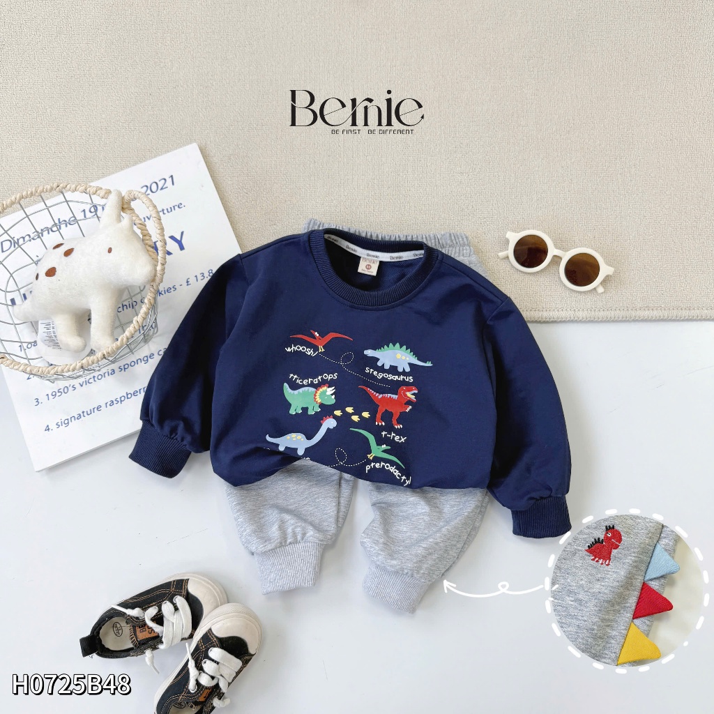[chính hãng bernie - fom rộng] Bộ thu đông bé trai hoạ tiết khủng long, bộ dài tay vải hai da dày dặn