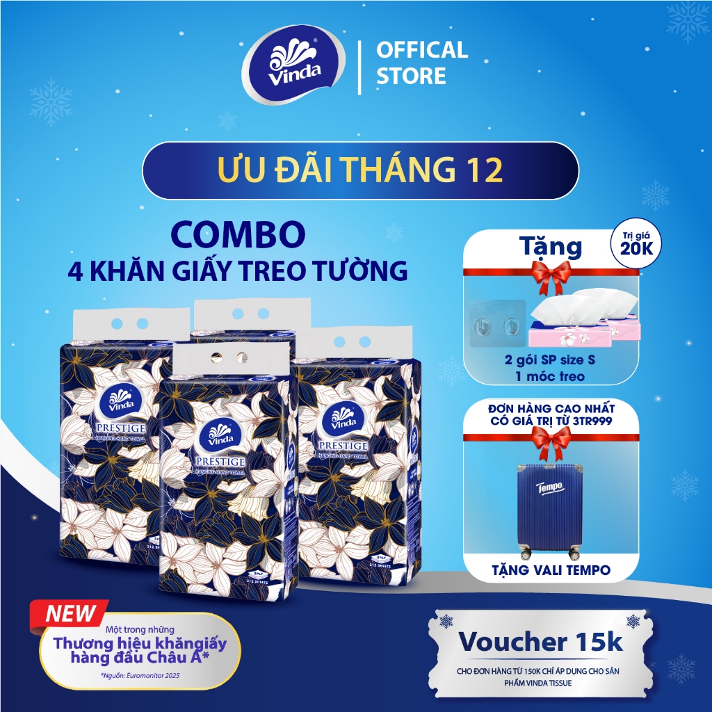[MUA 4 GÓI KHĂN TREO TƯỜNG TẶNG 2 GÓI SIZE S + 2 MÓC TREO] Khăn giấy treo tường cao cấp Vinda Prestige 4D 3 lớp 212 tờ