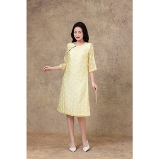 SWANLAKE | Váy Đầm Nữ Midi Cổ Tròn Tay Lỡ Vải Tơ Ép Hai Lớp Thêu Hoa Đính Nút Công Sở Tiệc D13237
