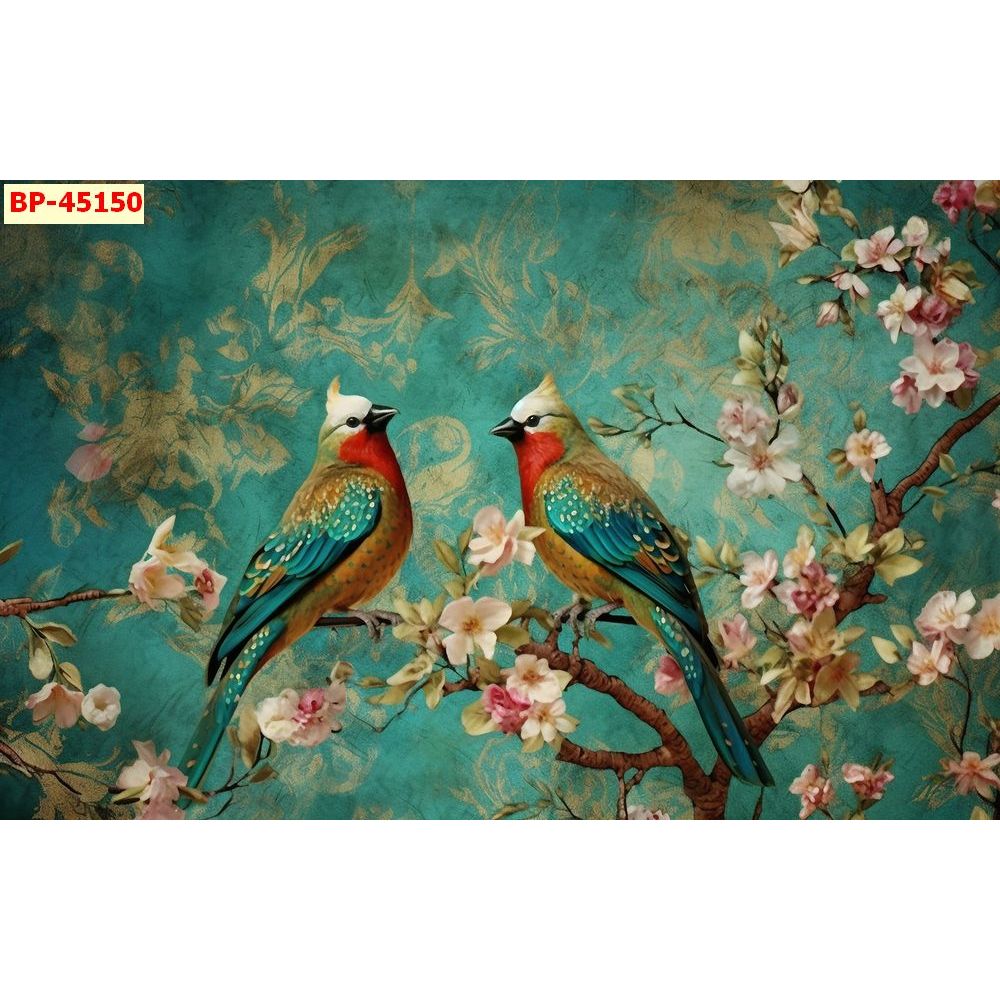 Tranh Dán Tường KHỔ LỚN Indochine Hoa Xuân In Vải Lụa Kim Sa Lấp Lánh Không Phai, Độ bền cao LL