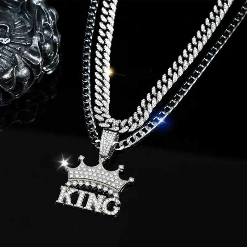(Tặng nhẫn) Dây chuyền đính đá cuban kèm mặt chữ KING