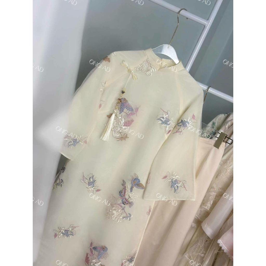 Áo Dài BẠCH ĐIỆP dáng suông cổ truyền thống, tay lửng dài gần cổ tay(XS-8XL)