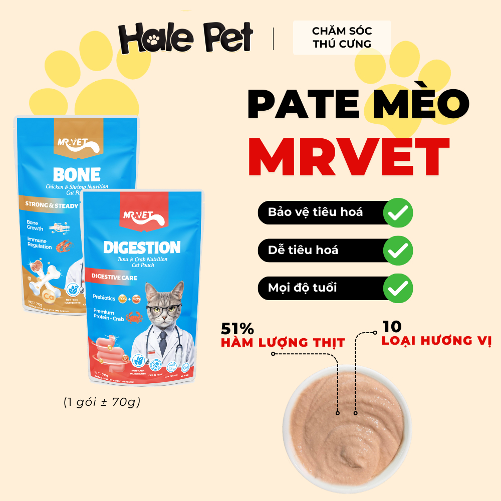 Pate cho mèo MRVET gói 70g - Thức ăn ướt, bổ sung các dưỡng chất, hỗ trợ tiêu hóa và tăng đề kháng