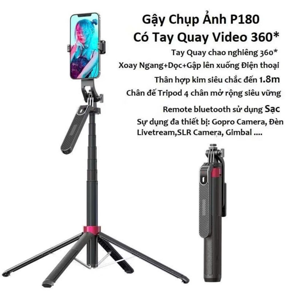 Gậy Selfie P180  /P185 Bluetooth Xoay 360 Độ Chiều Dài 1m8