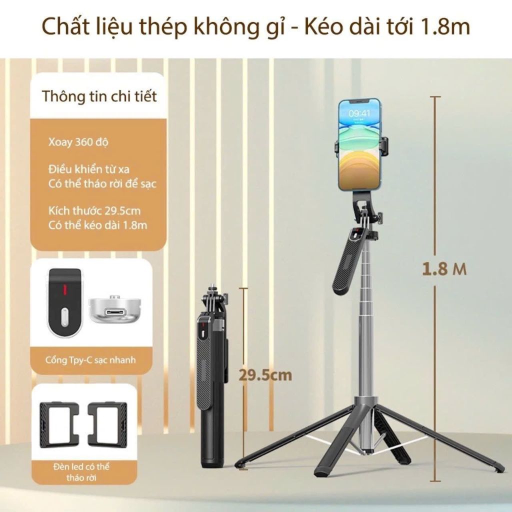 Gậy Selfie P180  /P185 Bluetooth Xoay 360 Độ Chiều Dài 1m8