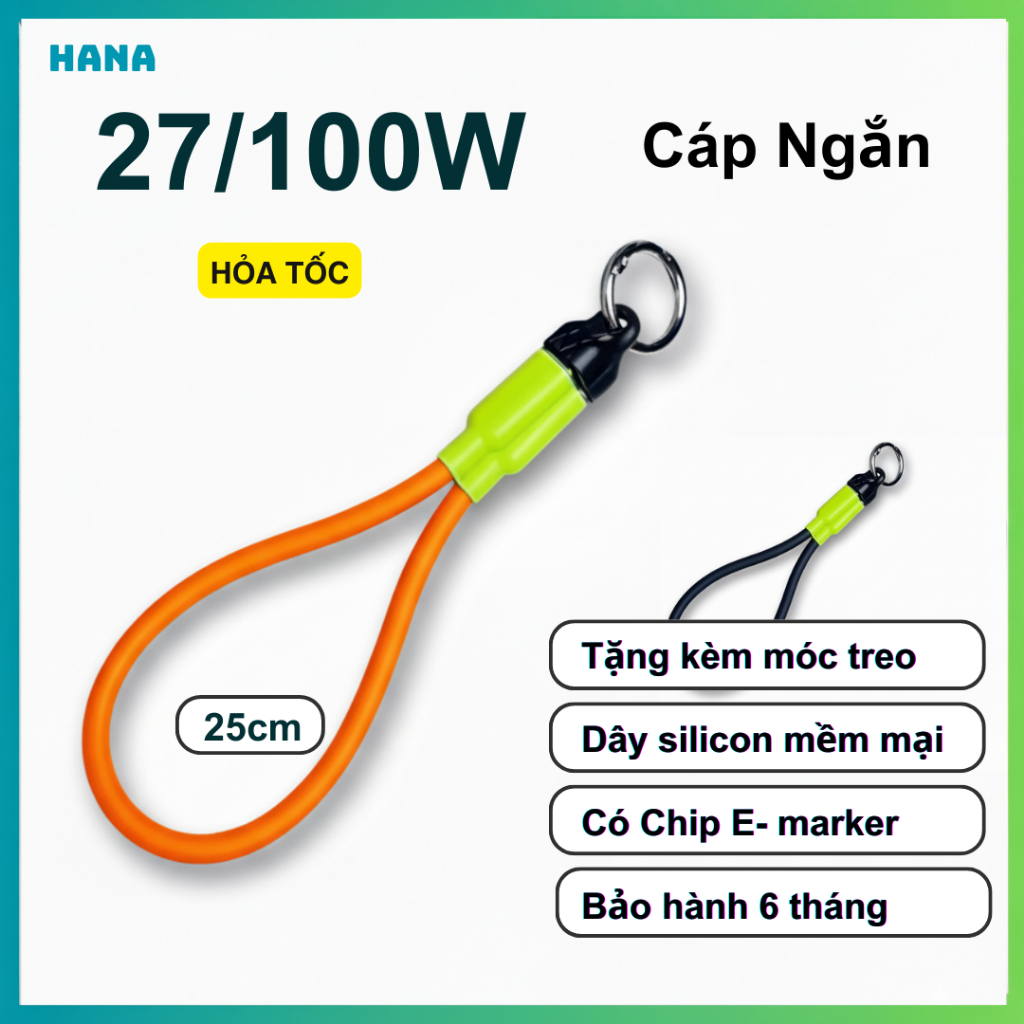Dây cáp sạc nhanh type C ngắn 25cm - Dây mềm - công suất 27W/100W PD - Emarker - Bảo hành 6 tháng